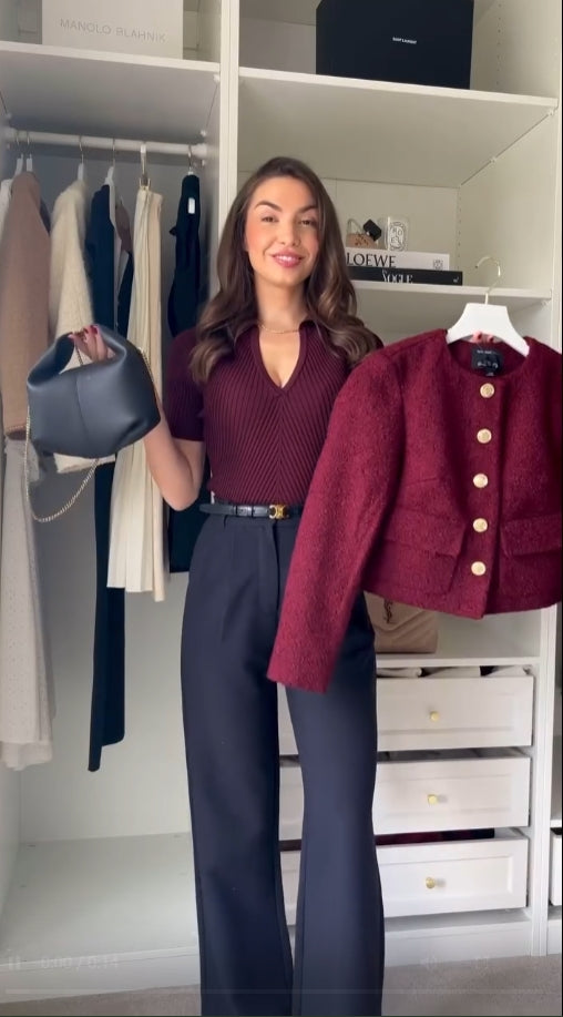 Damen Bordeaux Tweed Dreiteiliges Set – Elegantes Jacken Outfit