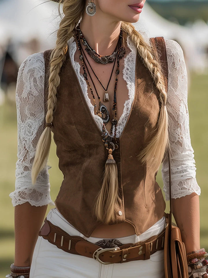 Damen-Westernbluse aus Wildleder mit Spitzenärmeln – Braune Cowgirl-Bluse