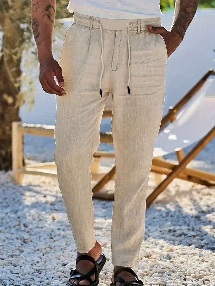 Herren Weit Geschnittene Leinenhose – Freizeit Sommerhose Mit Kordelzug