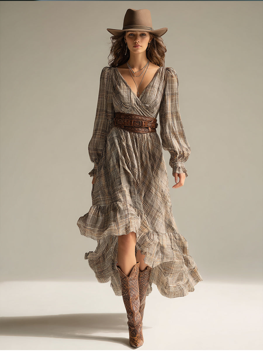 Boho-Midikleid aus Chiffon mit Karomuster und Rüschen