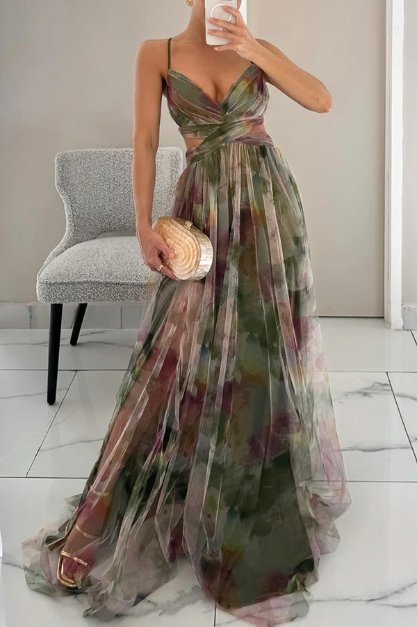 Damen Florales Fließendes Maxikleid – Ärmelloses Elegantes Hochzeitsgast Kleid