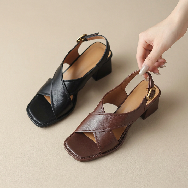 Damen Offene Blockabsatz Ledersandalen