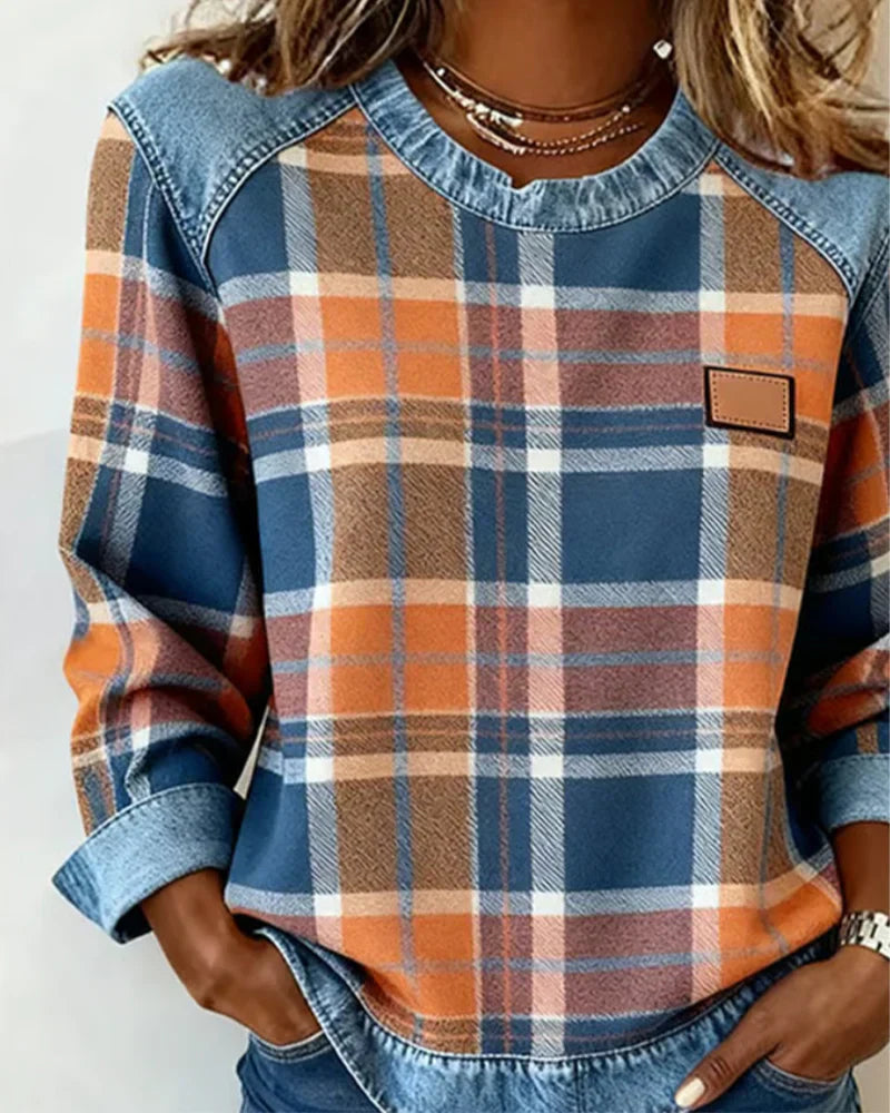 Roselinn | Trendiger Karo-Pullover im Denim-Patchwork-Stil