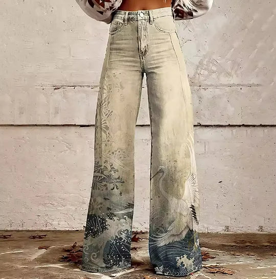 Damen-Jeans mit weitem Bein und Print – Schlaghose aus Denim mit Statement-Charakter.