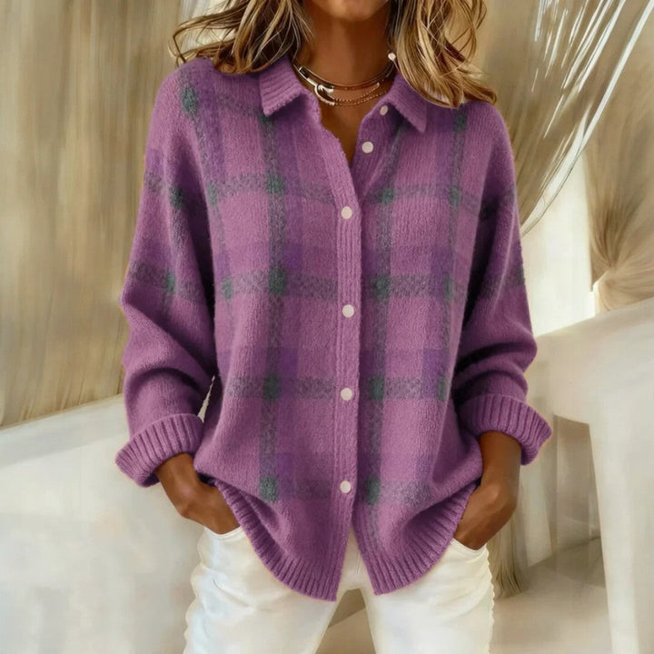 Damen Locker Geschnittener Knopfstrick Cardigan - Stilvolles Karo Design