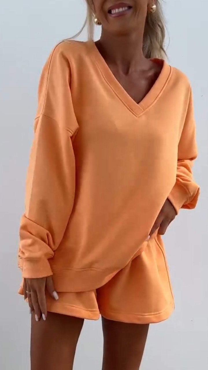 Damen V-Ausschnitt Gestreiftes Langarm Zweiteiler Set – Lässiges Outfit