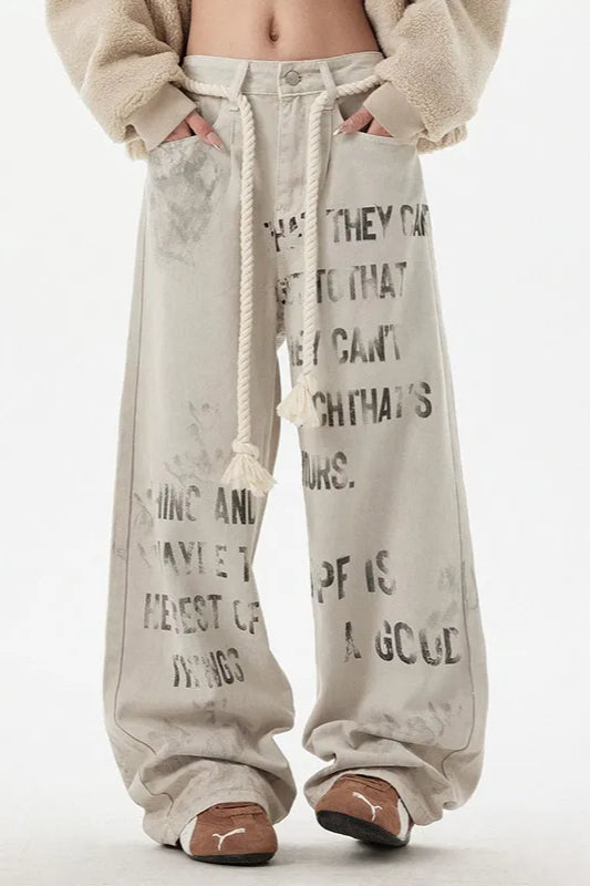 Damen Apricot Graffiti Gerade Jeans – Streetwear Hose