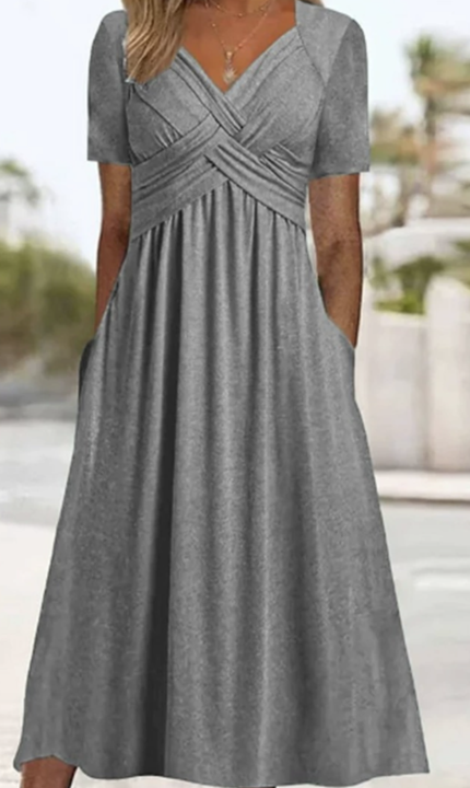 Damen Kurzarm V-Ausschnitt Maxikleid