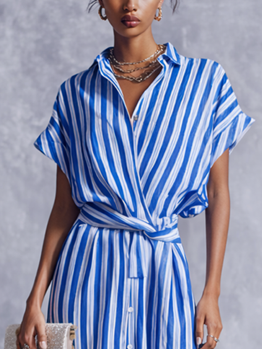 Gestreiftes Midikleid im Wickel-Look aus Baumwoll-Leinen