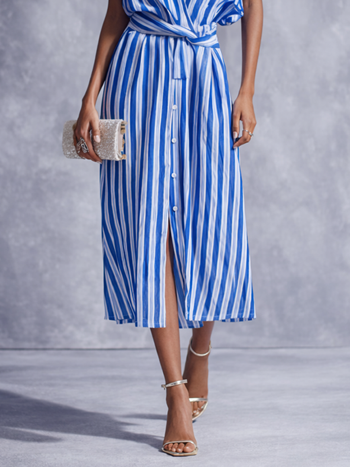 Gestreiftes Midikleid im Wickel-Look aus Baumwoll-Leinen