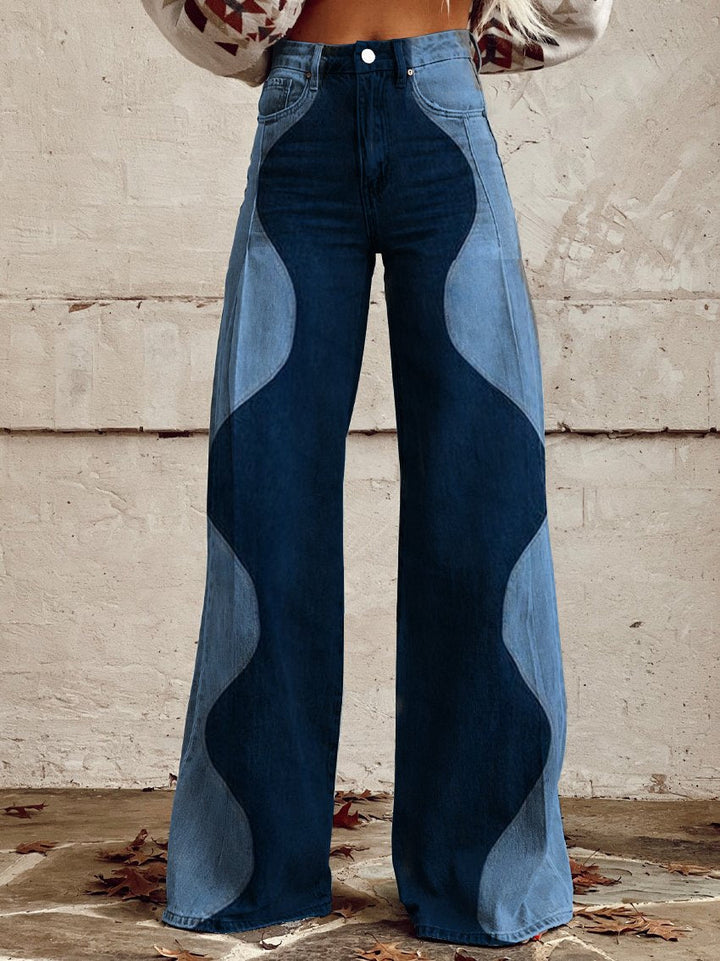 Damen stilvolle Two Tone gewelltes Muster Boho Denim Hose