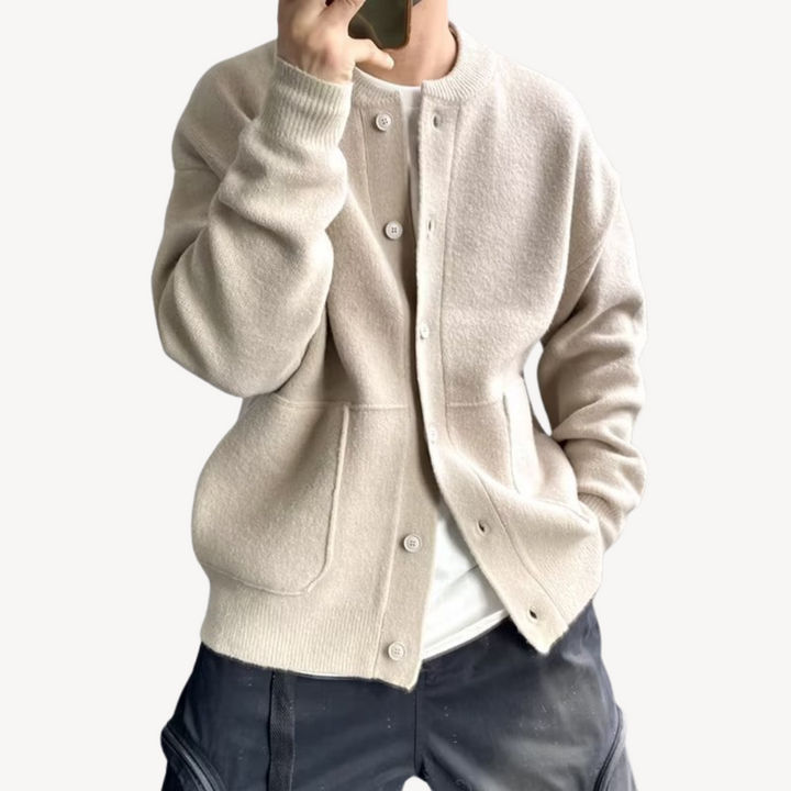 Herren-Strickjacke aus Wolle mit Rundhalsausschnitt – Strickweste mit Knopfleiste