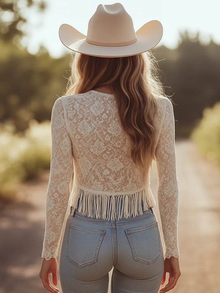 Retro-Bluse mit Spitzenquasten für Damen – Kurzes Top mit V-Ausschnitt und langen Ärmeln