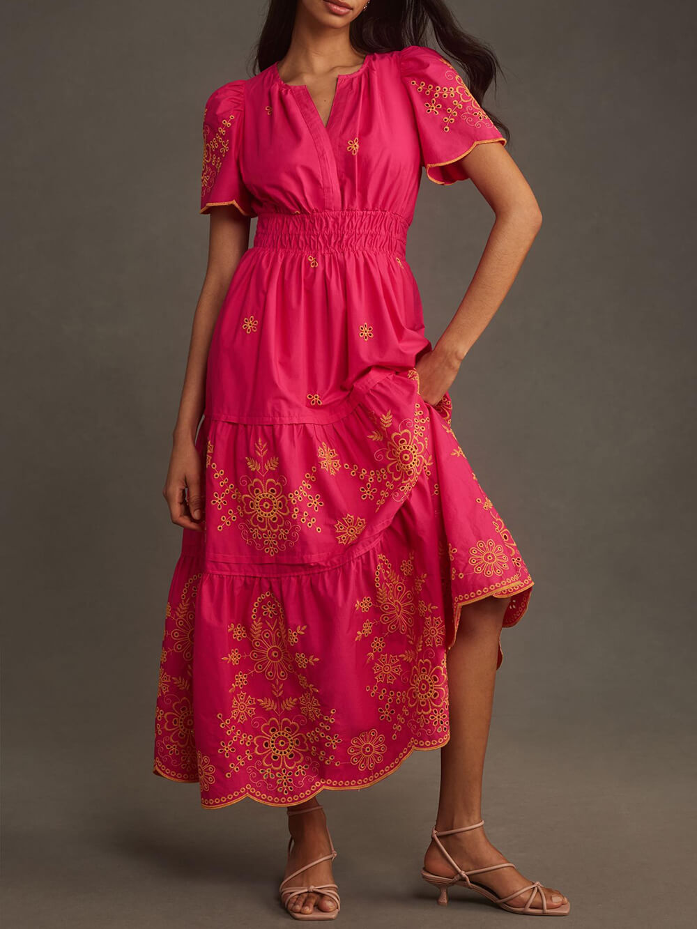 Damen Fließendes Bedrucktes Maxikleid Mit Geraffter Taille – Elegantes Sommerkleid