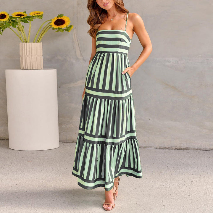 Damen Langes Kleid Mit Spaghettiträgern Und Streifenmuster