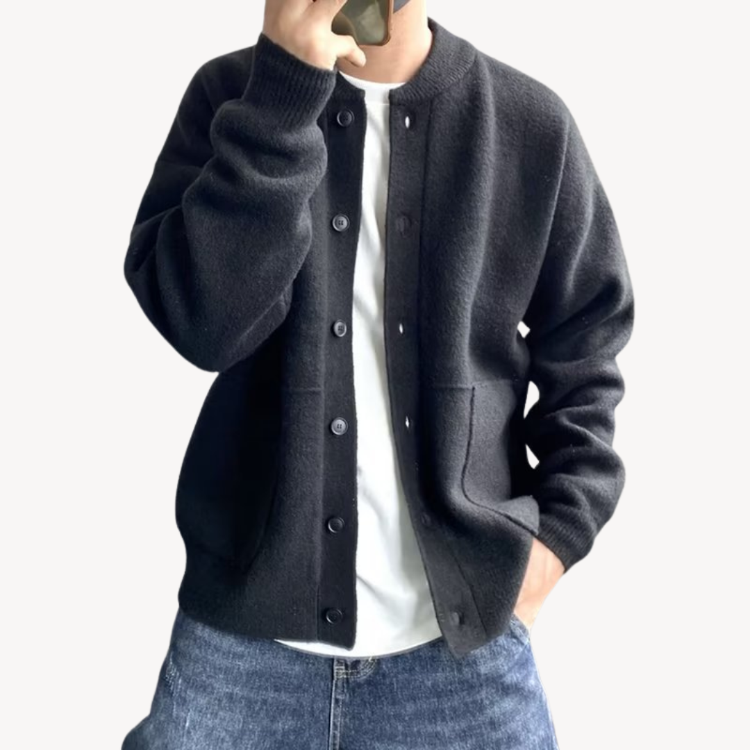 Herren-Strickjacke aus Wolle mit Rundhalsausschnitt – Strickweste mit Knopfleiste