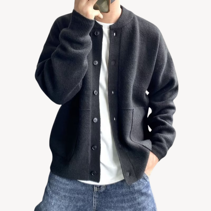 Herren-Strickjacke aus Wolle mit Rundhalsausschnitt – Strickweste mit Knopfleiste