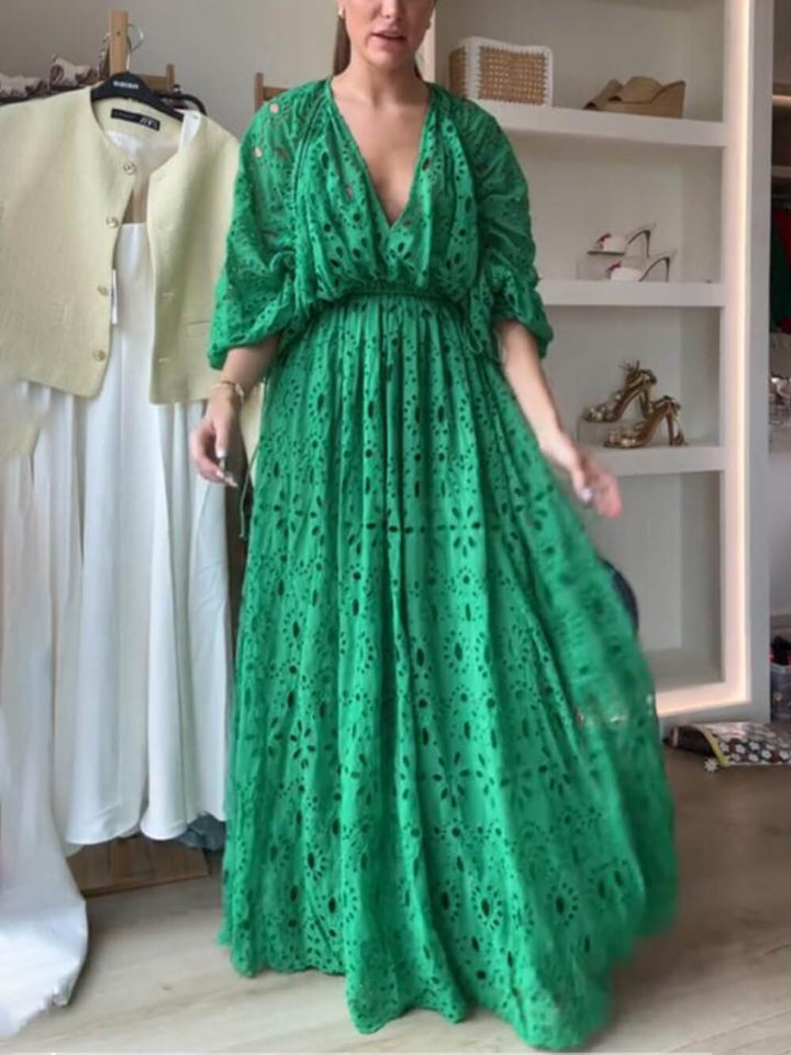 Damen V-Ausschnitt Oversize Maxi Spitzenkleid Mit Geraffter Taille – Elegantes Fließendes Kleid