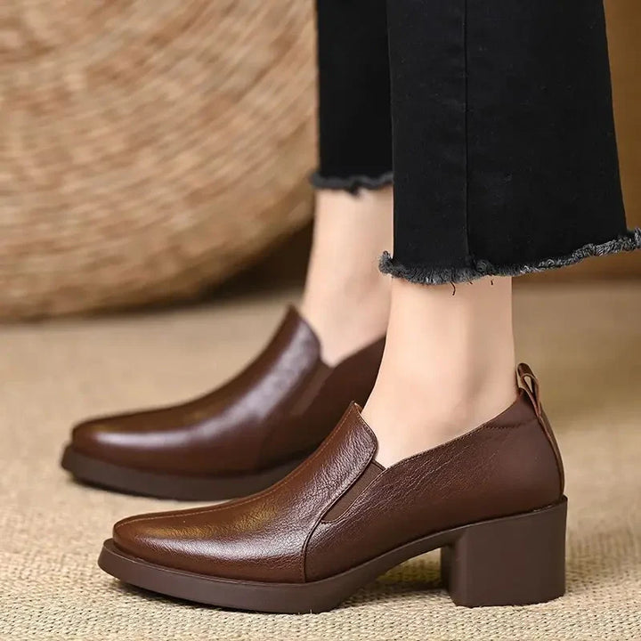 Damen Spitze Leder Loafer Mit Blockabsatz – Freizeit Schuhe