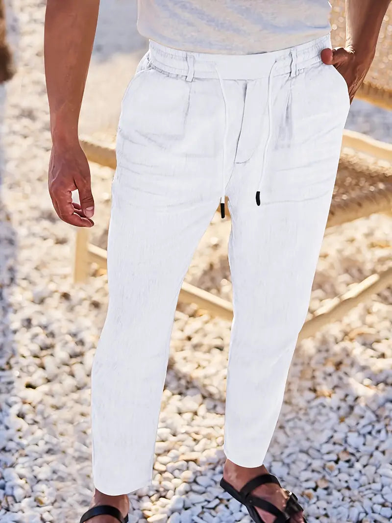 Herren Weit Geschnittene Leinenhose – Freizeit Sommerhose Mit Kordelzug