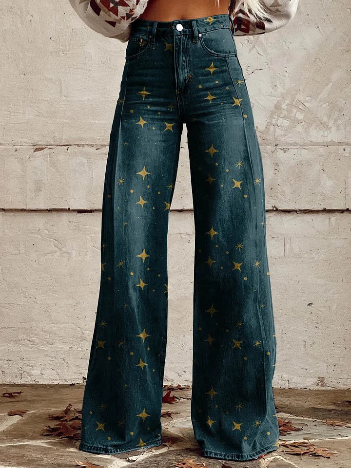 Damen-Jeans mit weitem Bein und Print – Schlaghose aus Denim mit Statement-Charakter.