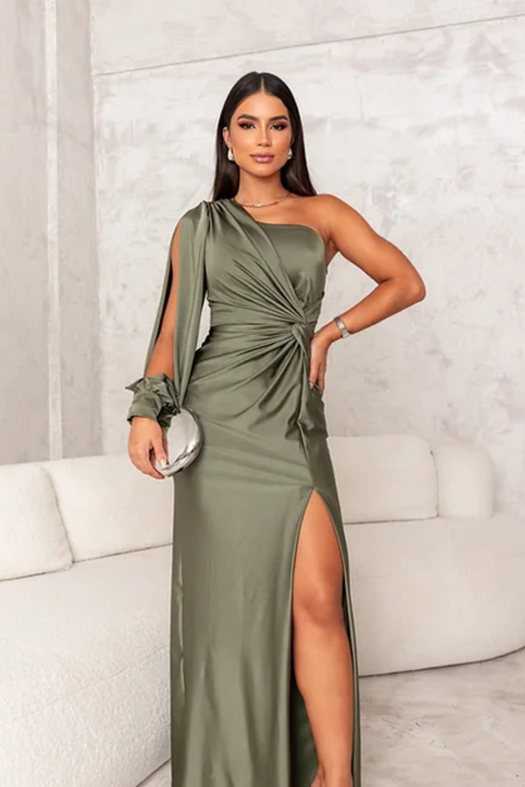 Damen Ein Schulter Langarm Wickelkleid
