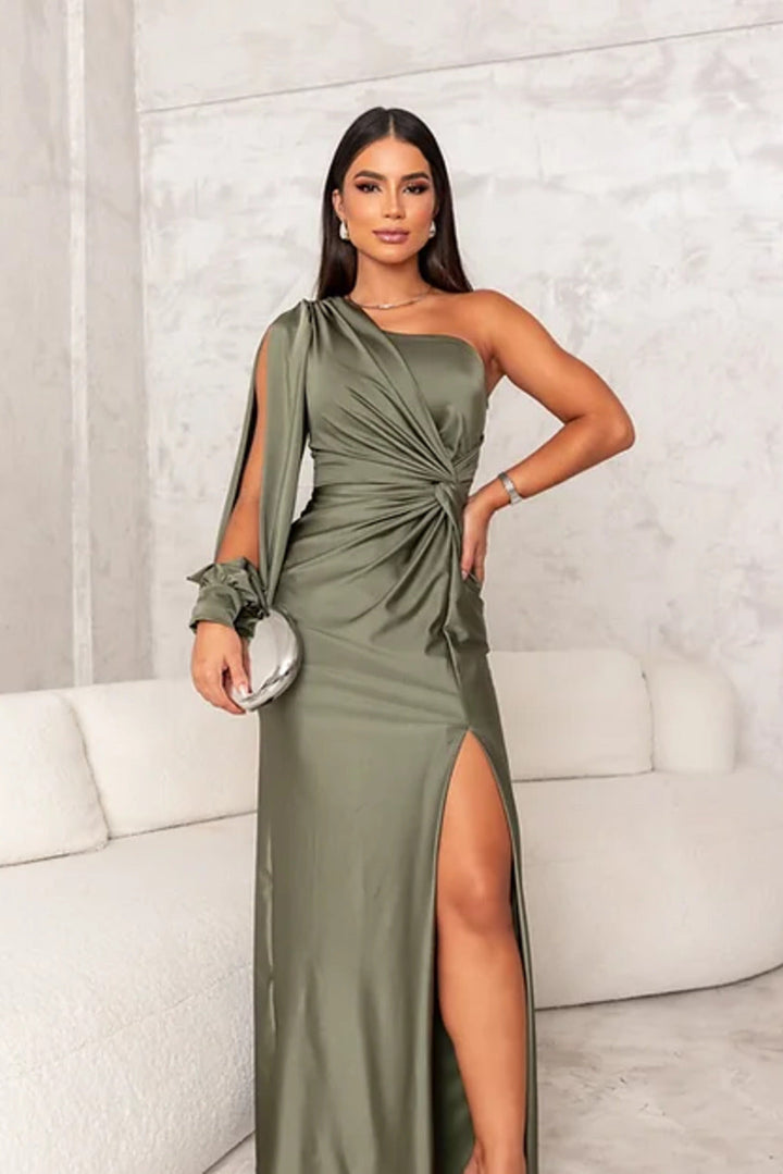 Damen Ein Schulter Langarm Wickelkleid