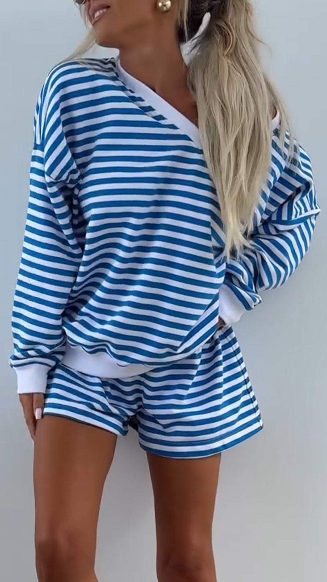 Damen V-Ausschnitt Gestreiftes Langarm Zweiteiler Set – Lässiges Outfit