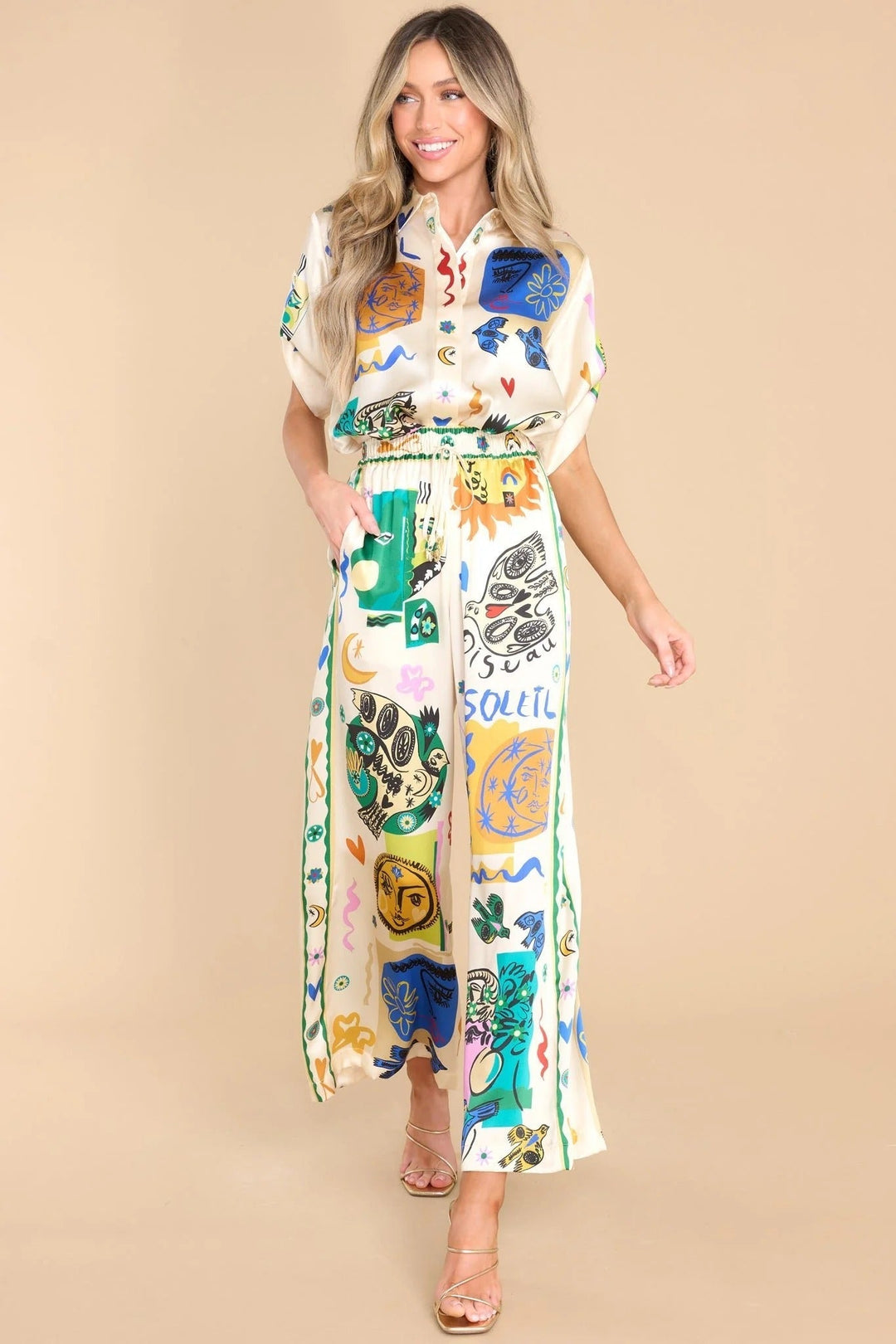 Damen Oversized Ivory Print Hemd Und Hosen Set – Lässiges Chic Outfit