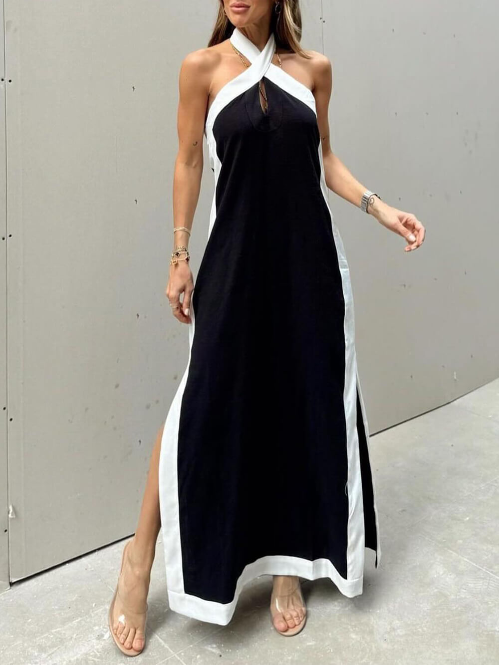 Damen Farbblock Halterneck Maxikleid Mit Seitenschlitz – Elegantes Kleid