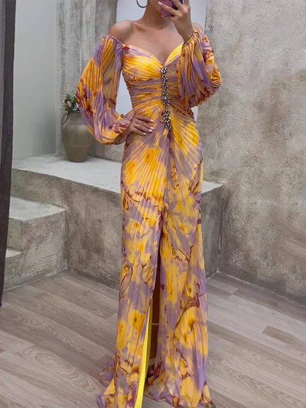 Damen Schulterfreies Plissiertes Maxi Kleid