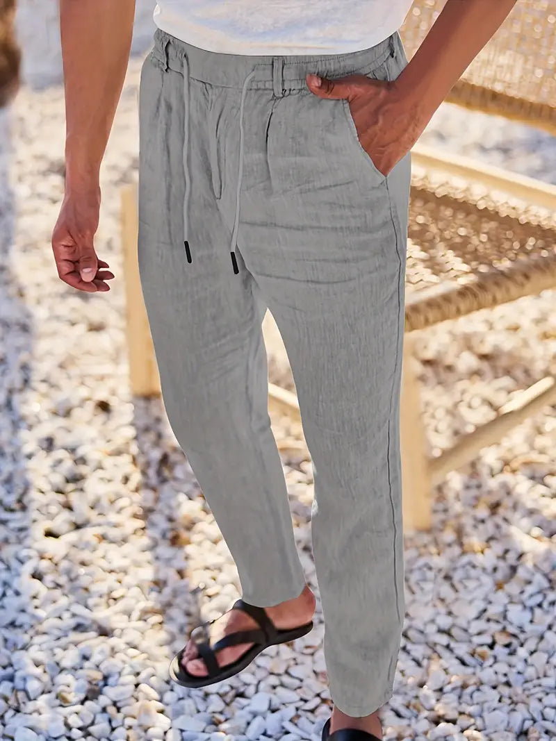 Herren Weit Geschnittene Leinenhose – Freizeit Sommerhose Mit Kordelzug