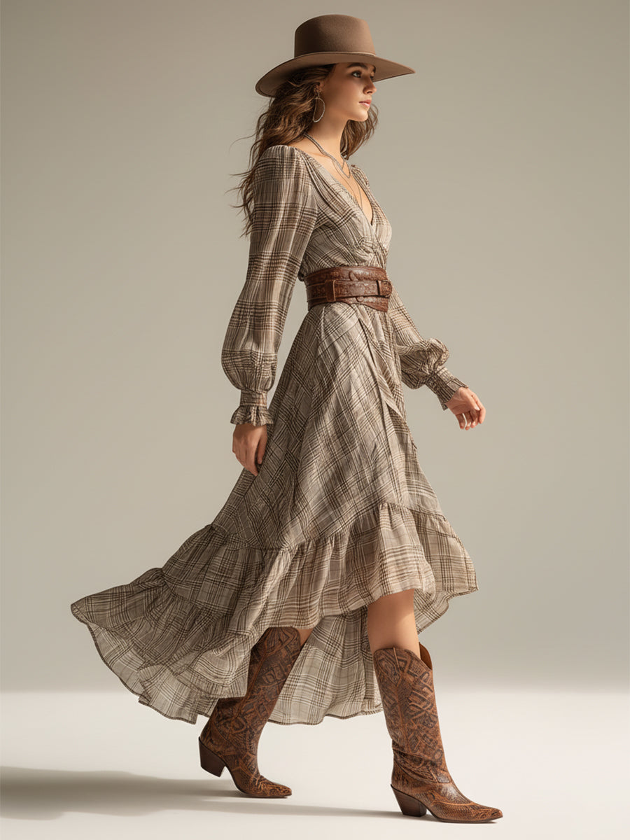 Boho-Midikleid aus Chiffon mit Karomuster und Rüschen