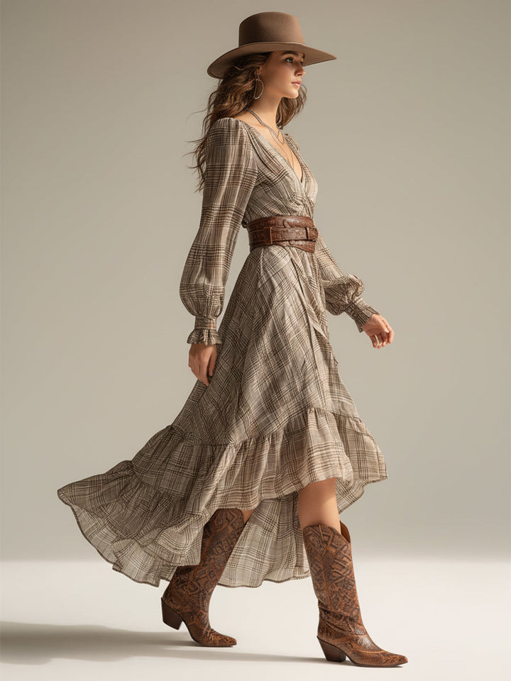 Boho-Midikleid aus Chiffon mit Karomuster und Rüschen