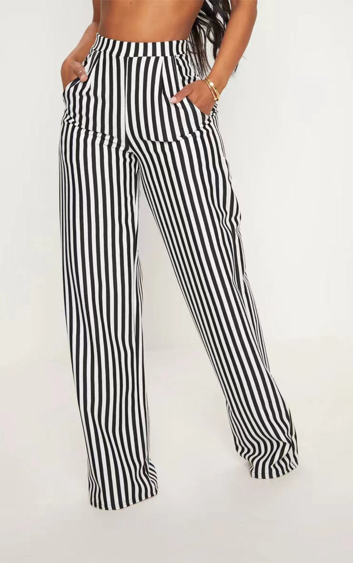 Damenhose mit Streifenmuster, hohem Bund und geradem Bein – Lässige Hose mit Taschen