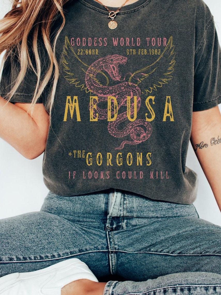 Damen-Poloshirt mit Schlangenprint und auffälligem Flügelmotiv – Lässiges Rundhals-T-Shirt