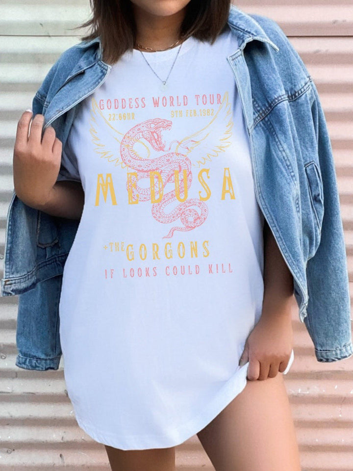 Damen-Poloshirt mit Schlangenprint und auffälligem Flügelmotiv – Lässiges Rundhals-T-Shirt