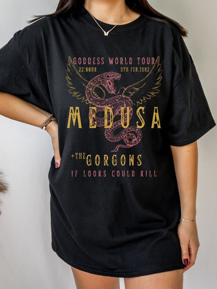 Damen-Poloshirt mit Schlangenprint und auffälligem Flügelmotiv – Lässiges Rundhals-T-Shirt
