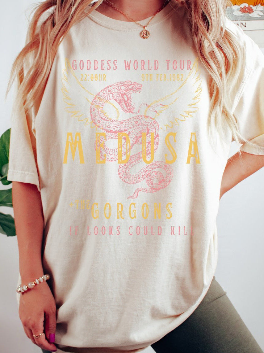 Damen-Poloshirt mit Schlangenprint und auffälligem Flügelmotiv – Lässiges Rundhals-T-Shirt