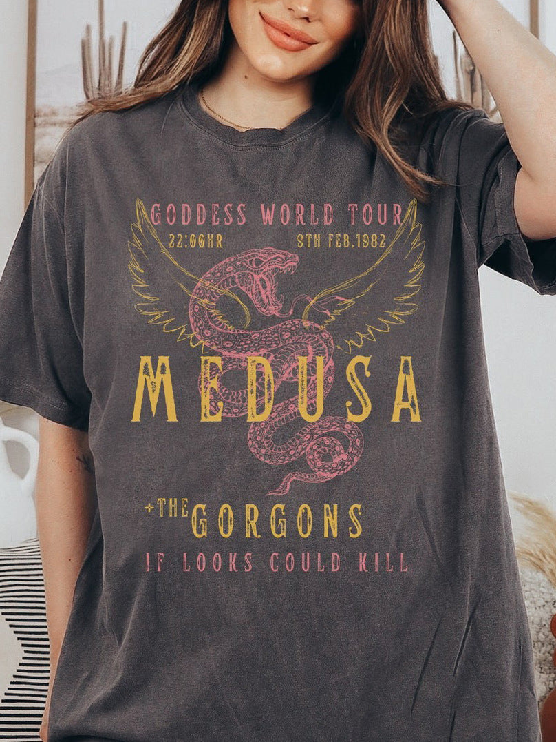 Damen-Poloshirt mit Schlangenprint und auffälligem Flügelmotiv – Lässiges Rundhals-T-Shirt