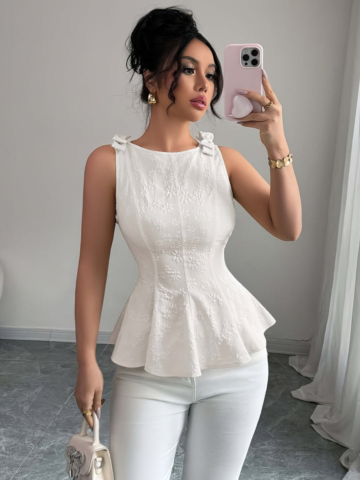 Ärmelloses, ausgestelltes Damen-Top mit Rundhalsausschnitt – Bluse mit floraler Schleife