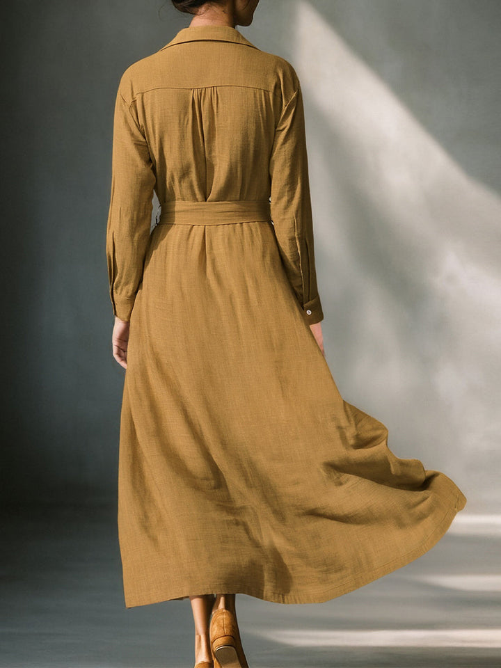 Senfgelbes Hemdblusen-Midikleid aus Leinen-Mix