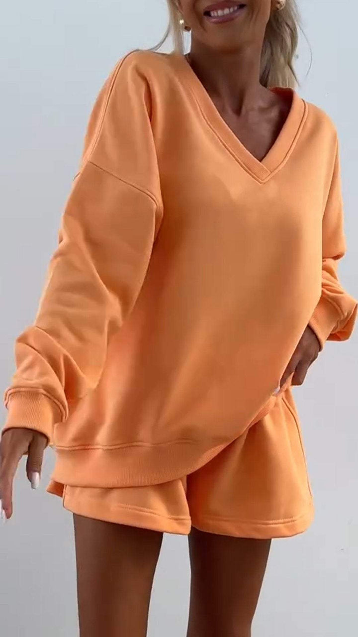Damen V-Ausschnitt Gestreiftes Langarm Zweiteiler Set – Lässiges Outfit