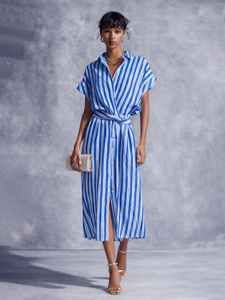 Gestreiftes Midikleid im Wickel-Look aus Baumwoll-Leinen