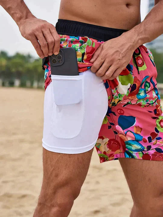Herren Schnelltrocknende Badehose Mit Kompressions-Innenshorts – Sportliche Strandshorts