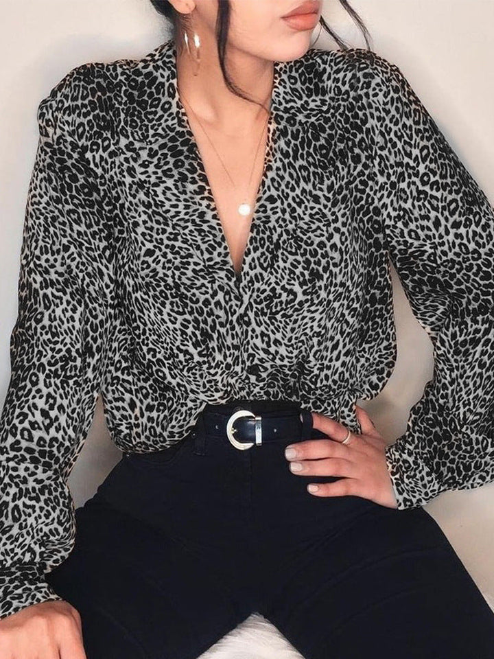 Damen Leopardenmuster Bluse – Langarm Knopfleiste Stilvolles Top