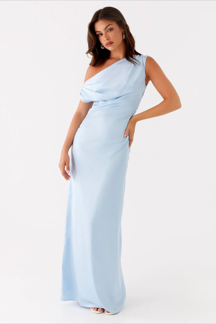 Damen Einfarbiges Maxikleid Mit Asymmetrischem Ausschnitt – Abendkleid