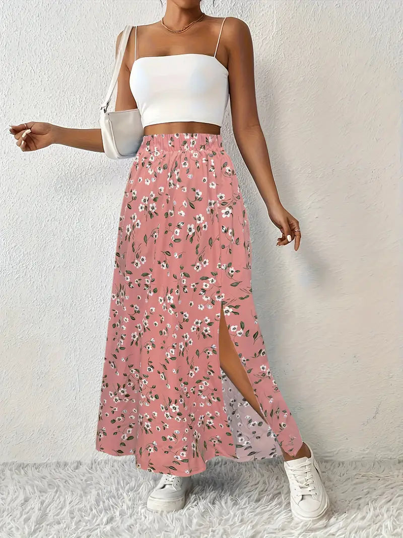 Damen-Maxirock mit hohem Bund und Blumenmuster – Leichtes Modell mit Seitenschlitz