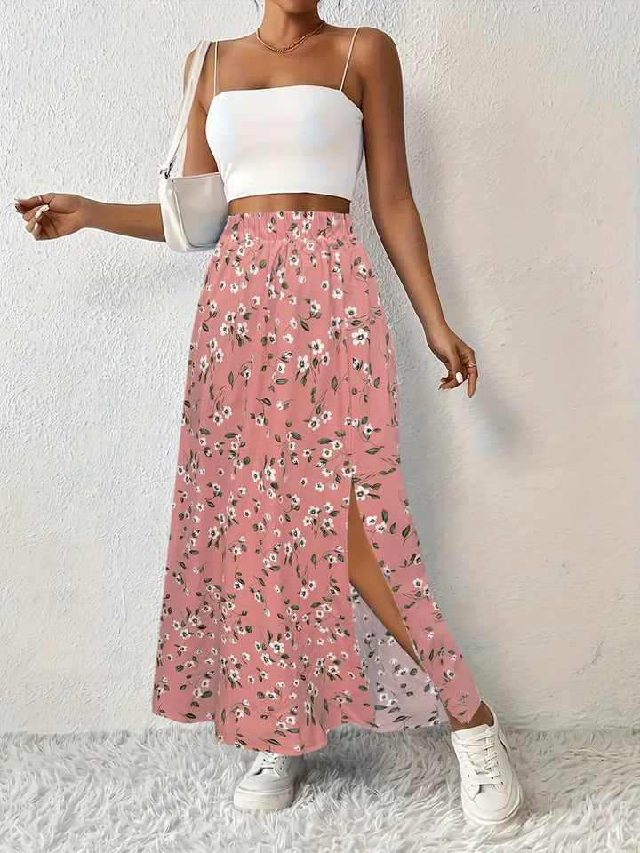 Damen-Maxirock mit hohem Bund und Blumenmuster – Leichtes Modell mit Seitenschlitz