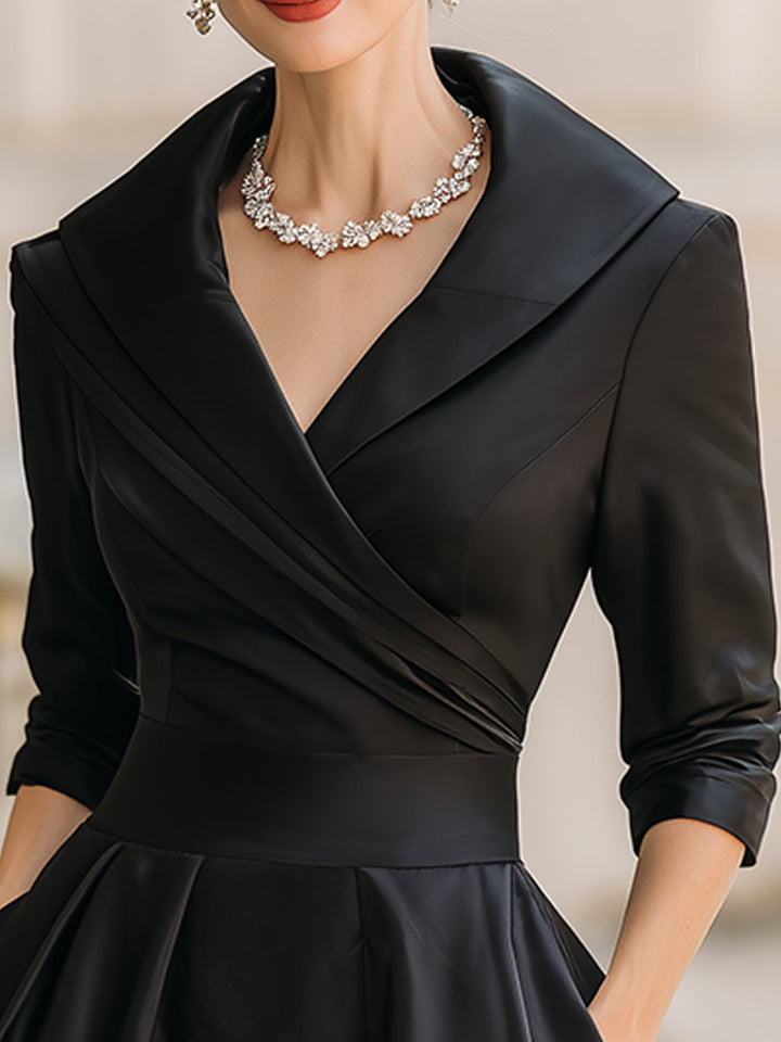Damen Satin V-Ausschnitt Midi Kleid – Langarm Elegantes Kleid Mit Kragen